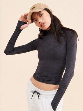 FP Movement by Free People Charcoal Mock Neck Long Sleeve Crop Top